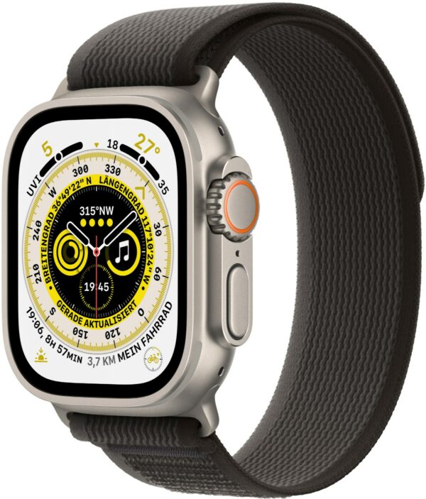 Apple Watch Ultra (49mm) GPS+4G Titan mit Trail Loop Armband (S/M) schwarz/grau